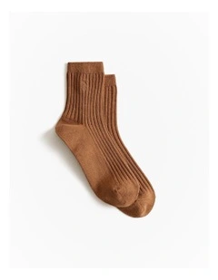 Monogram Rib Crew Sock in Dark Camel