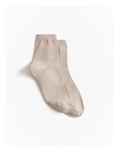 Metallic Rib Crew Sock in Stone