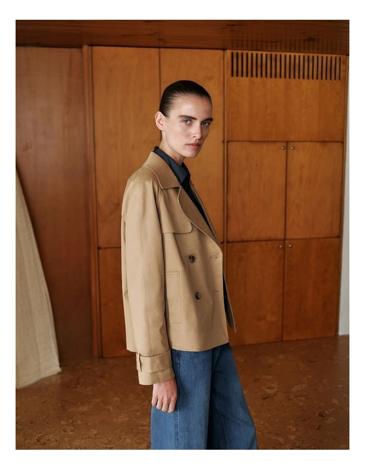 Cotton Twill Cropped Trench Coat in Dark Camel image 1