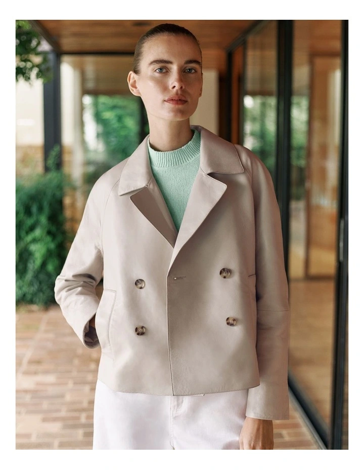 Leather Double Breasted Cropped Jacket in Stone image 3