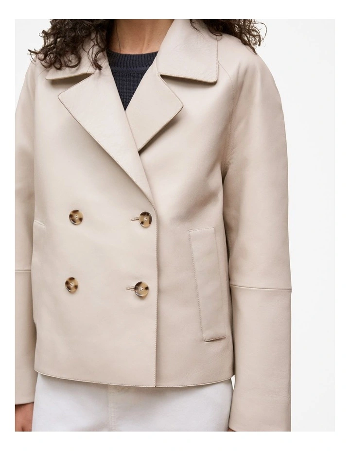 Leather Double Breasted Cropped Jacket in Stone image 4