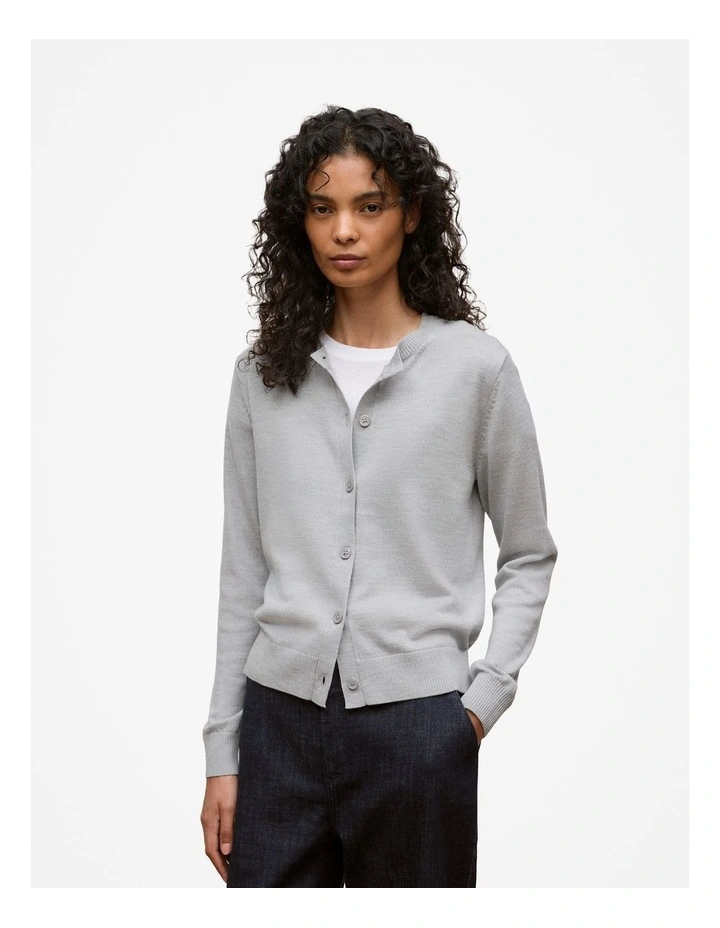 Merino Classic Crew Neck Cardigan in Grey Marle image 1