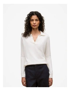 Cotton Cashmere Long Sleeve Polo T-shirt in Ivory