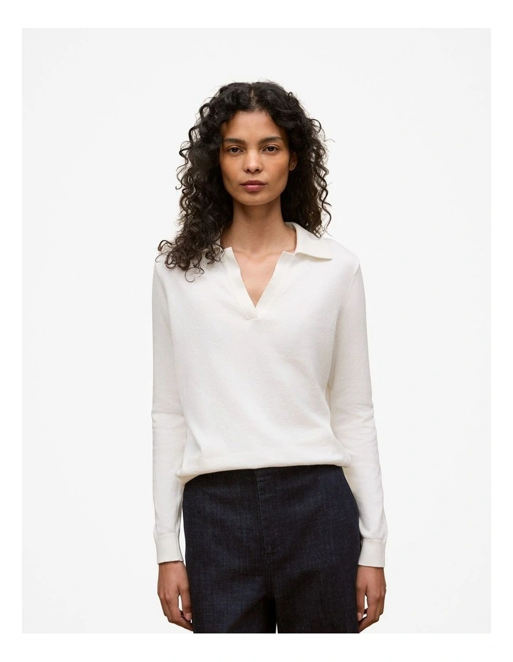 Cotton Cashmere Long Sleeve Polo T-shirt in Ivory image 1