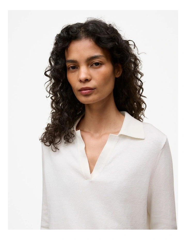 Cotton Cashmere Long Sleeve Polo T-shirt in Ivory image 3