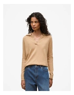 Cotton Cashmere Long Sleeve Polo T-shirt in Camel