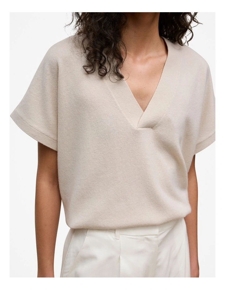 Merino Cashmere Relaxed V Neck Knit in Stone image 3