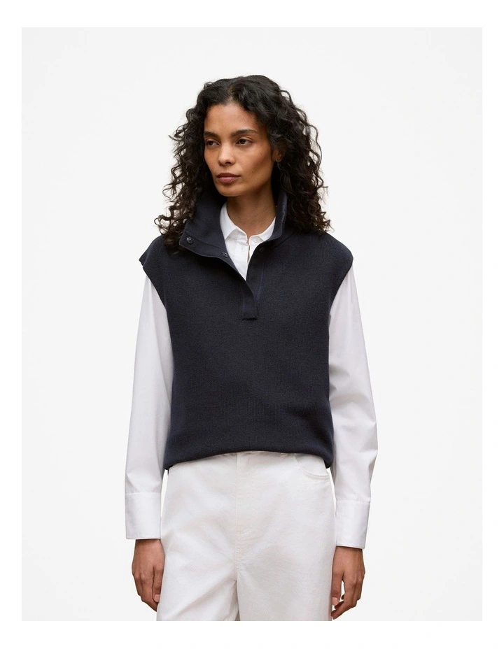 Cotton Cashmere Sleeveless Button Neck Knit in Night Sky image 1