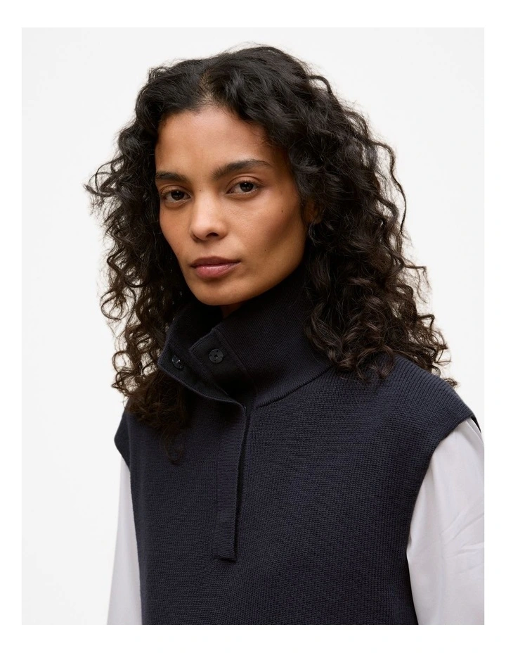 Cotton Cashmere Sleeveless Button Neck Knit in Night Sky image 3