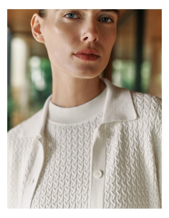 Cotton Cashmere Cable Mock Neck Knit in Ivory image 1