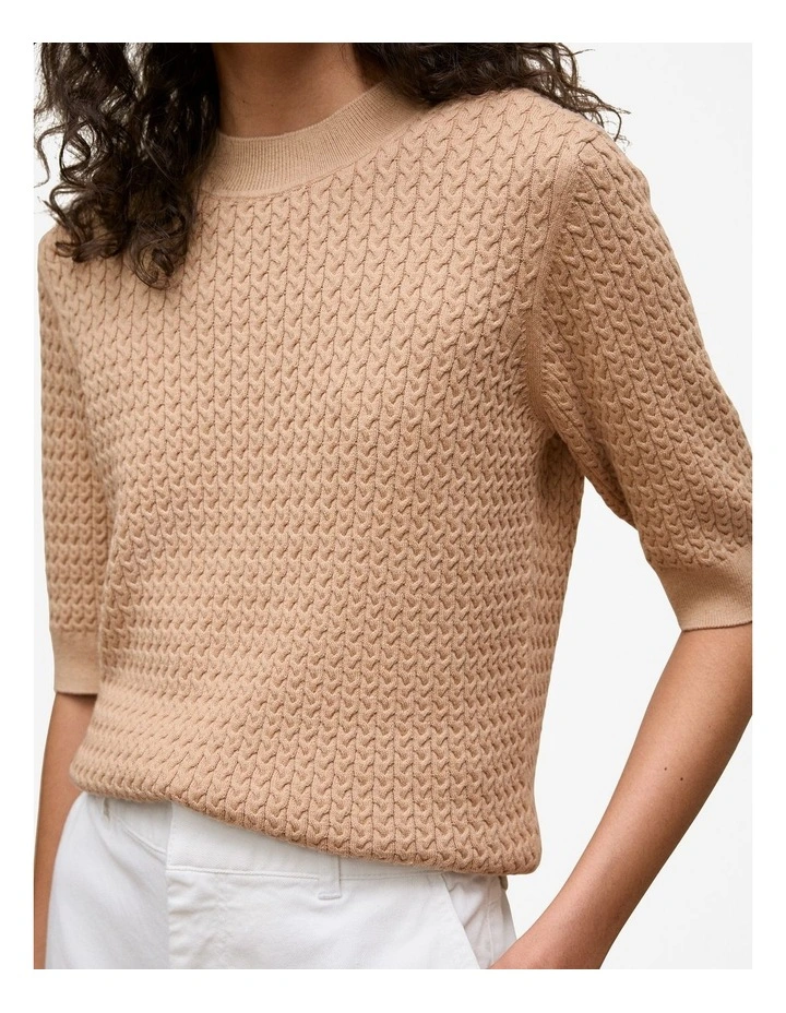 Cotton Cashmere Cable Mock Neck Knit in Camel image 3