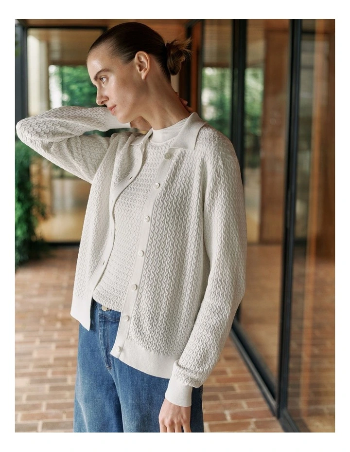 Cotton Cashmere Cable Cardigan in Ivory image 1