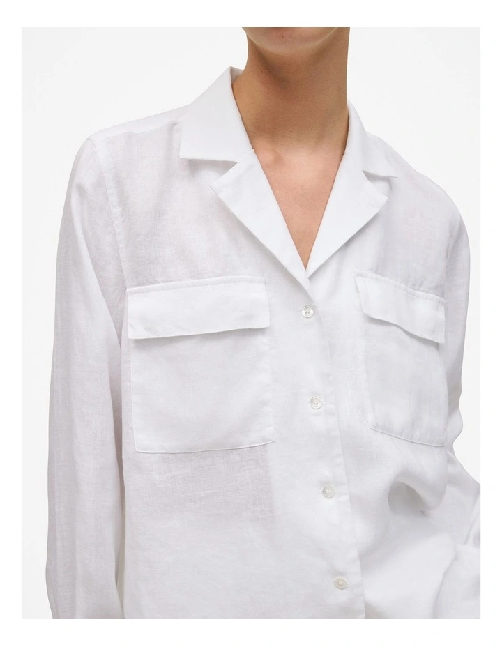 Linen Pocket Detail Long Sleeve Shirt in White image 3