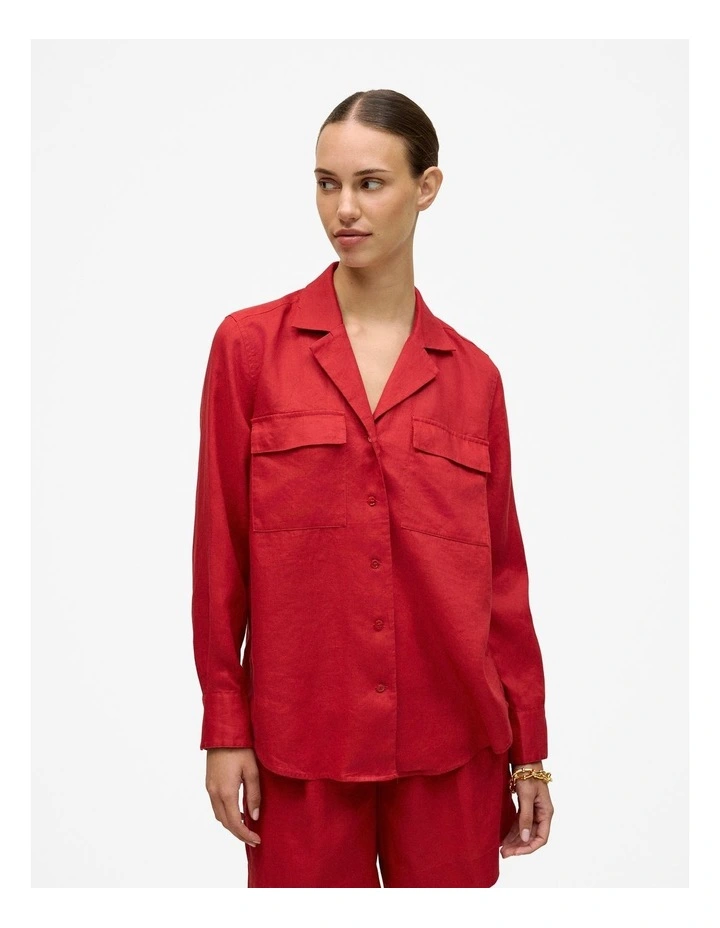 Linen Pocket Detail Long Sleeve Shirt in Cherry Red image 1