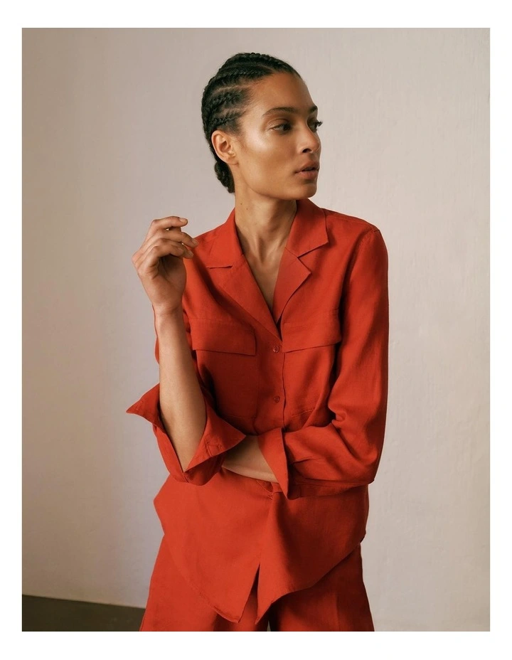 Linen Pocket Detail Long Sleeve Shirt in Cherry Red image 2