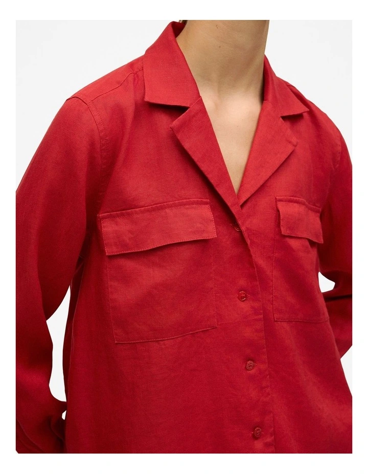 Linen Pocket Detail Long Sleeve Shirt in Cherry Red image 4