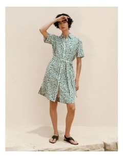 Brush Spot Linen Shirt Dress in True Green