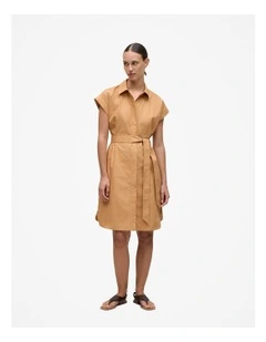 Cotton Poplin Cap Sleeve Shirt Dress in Sahara Tan