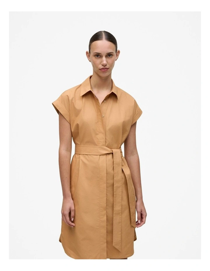 Cotton Poplin Cap Sleeve Shirt Dress in Sahara Tan image 2