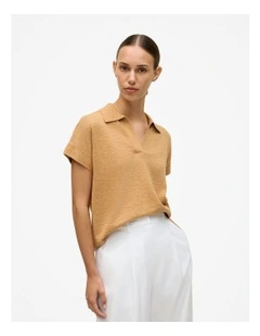 Linen Cotton Relaxed Knit Polo in Sahara Tan