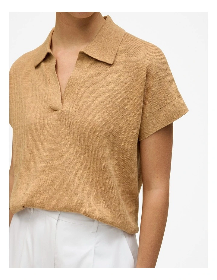 Linen Cotton Relaxed Knit Polo in Sahara Tan image 3