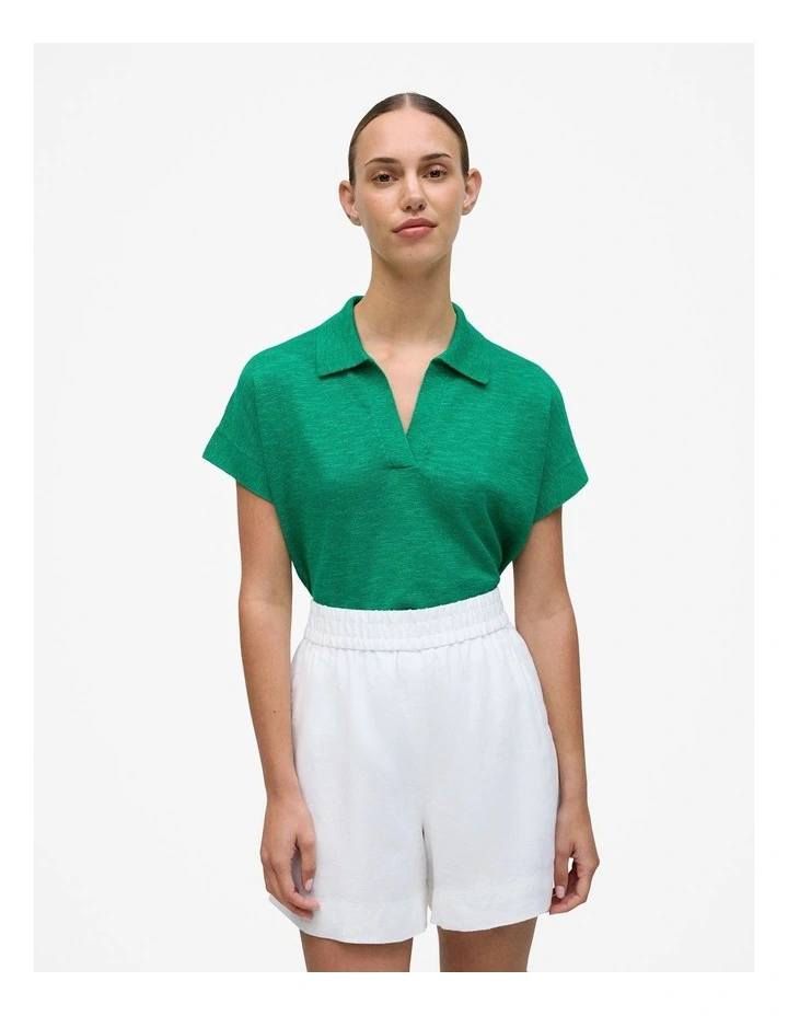 Linen Cotton Relaxed Knit Polo in True Green image 1