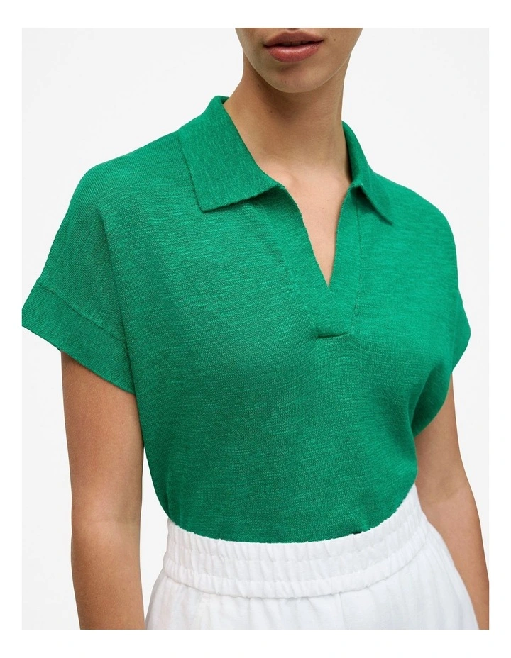 Linen Cotton Relaxed Knit Polo in True Green image 3