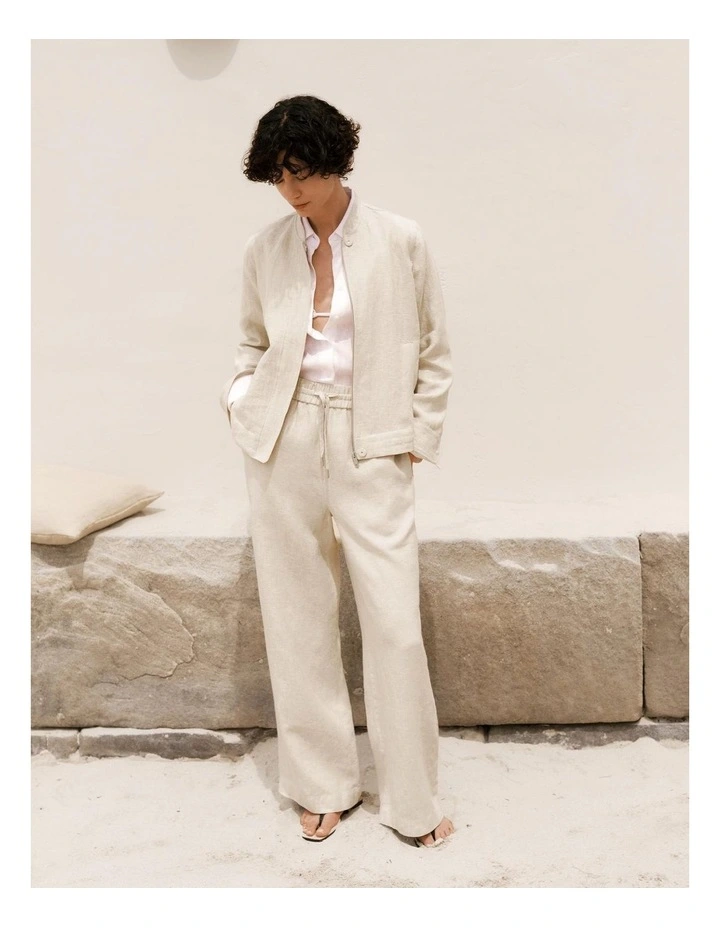 Yarn Dyed Linen Drawcord Wide Leg Pant in Flax image 1