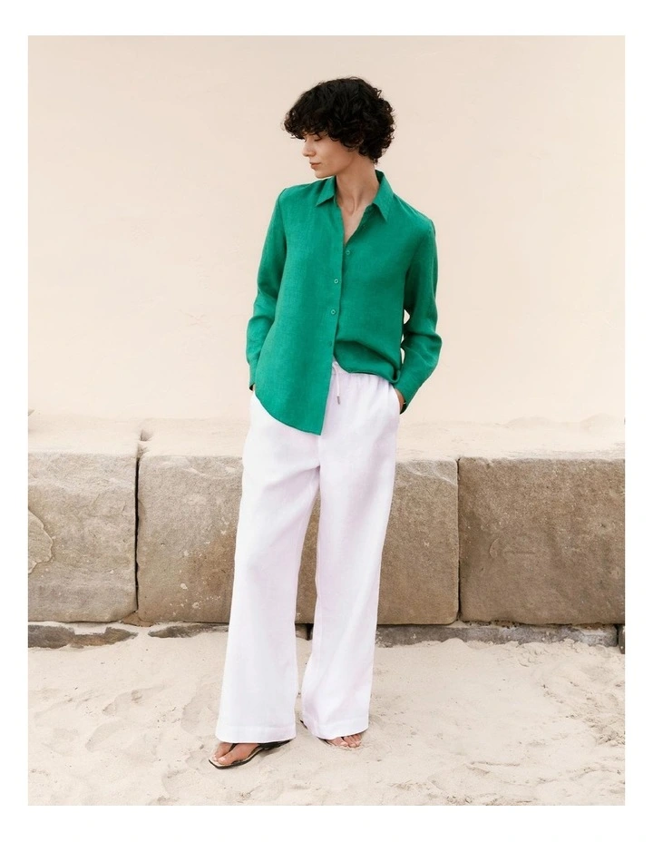 Linen Drawcord Wide Leg Pant in White image 1