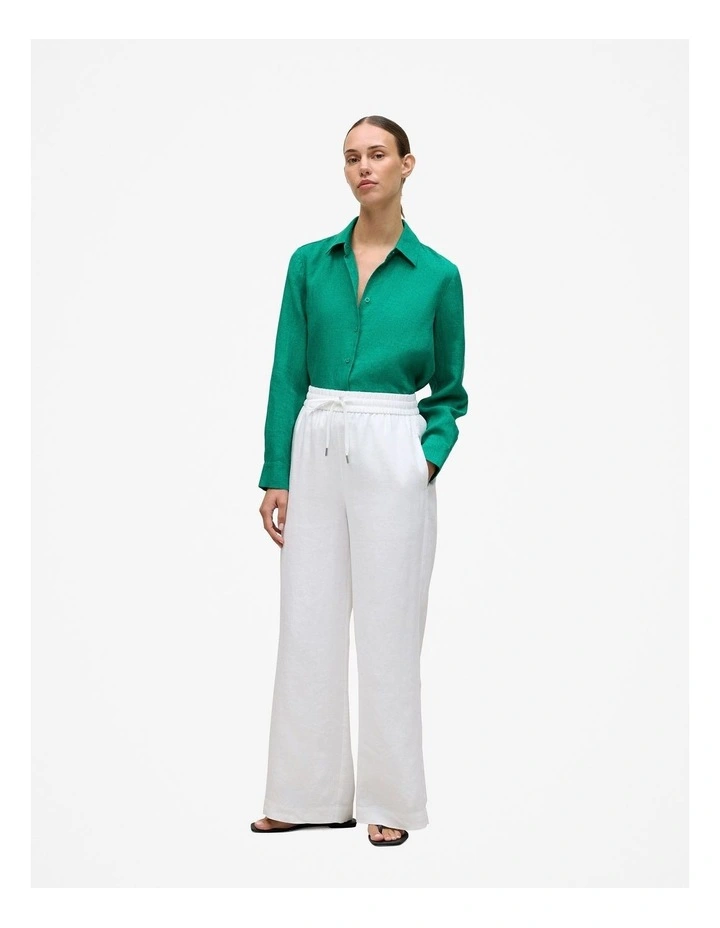 Linen Drawcord Wide Leg Pant in White image 3