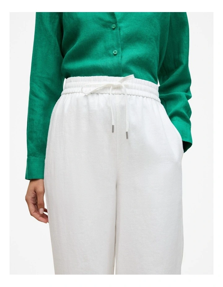 Linen Drawcord Wide Leg Pant in White image 4