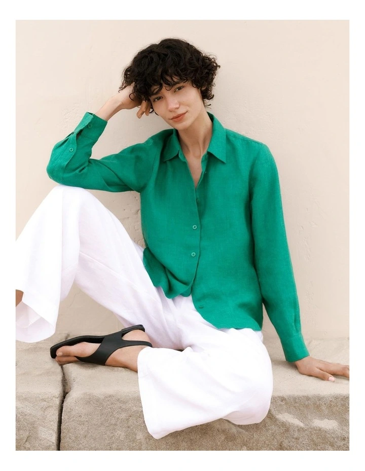 Delave Linen Long Sleeve Shirt in True Green image 1