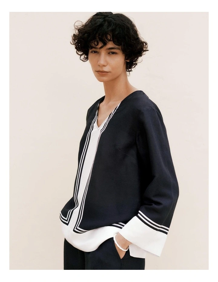 Linen Blend Border Print Popover Shirt in Night Sky image 1