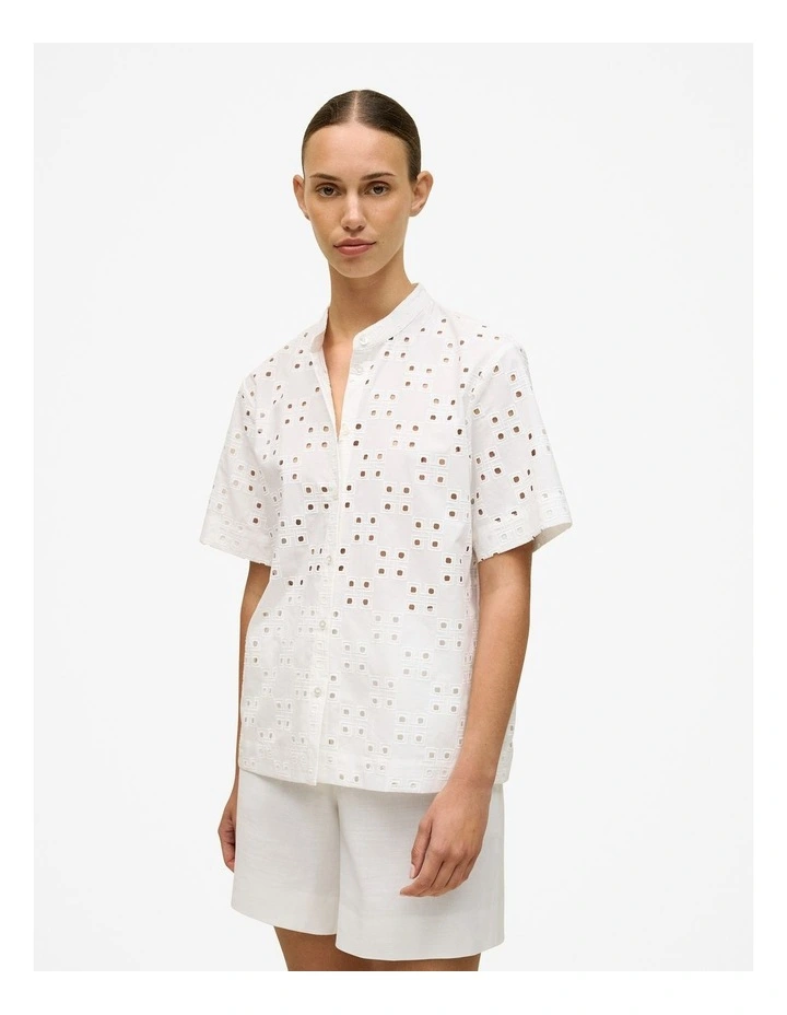 Cotton Geo Cutwork Short Sleeve Shirt in White image 1
