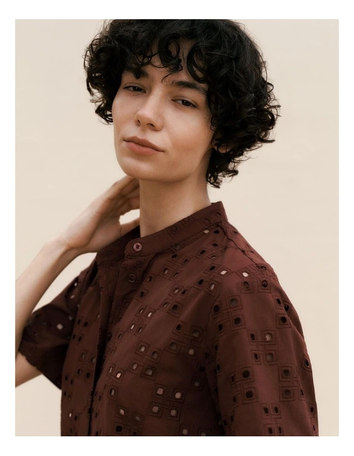 Cotton Geo Cutwork Short Sleeve Shirt in Espresso image 1
