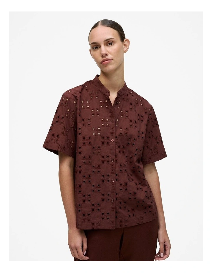 Cotton Geo Cutwork Short Sleeve Shirt in Espresso image 2