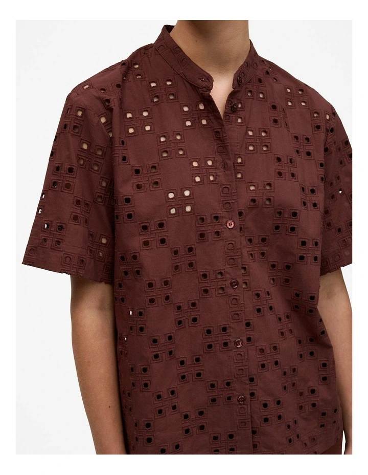 Cotton Geo Cutwork Short Sleeve Shirt in Espresso image 4
