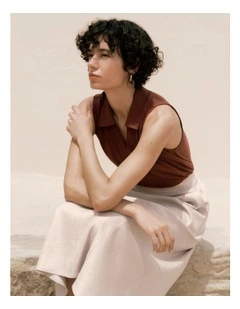 Linen Cotton Knit Collared Tank in Espresso