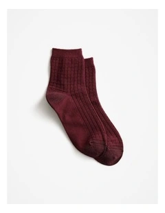 Textured Grid Crew Sock in Red Mahogany