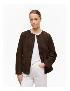 Suede Collarless Jacket in Coffee Bean