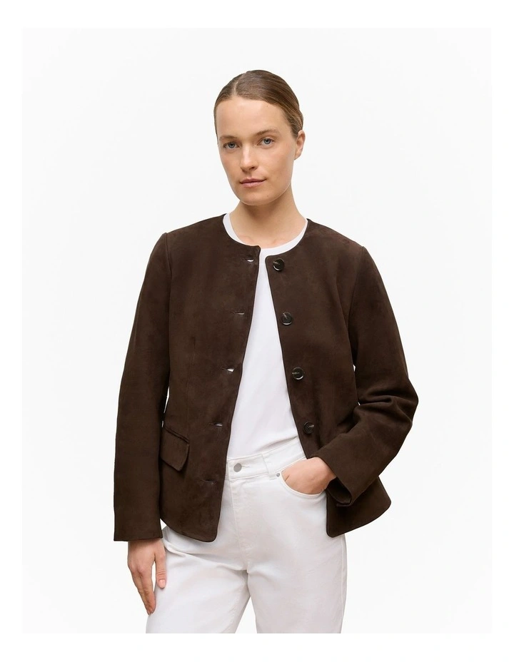 Suede Collarless Jacket in Coffee Bean image 1