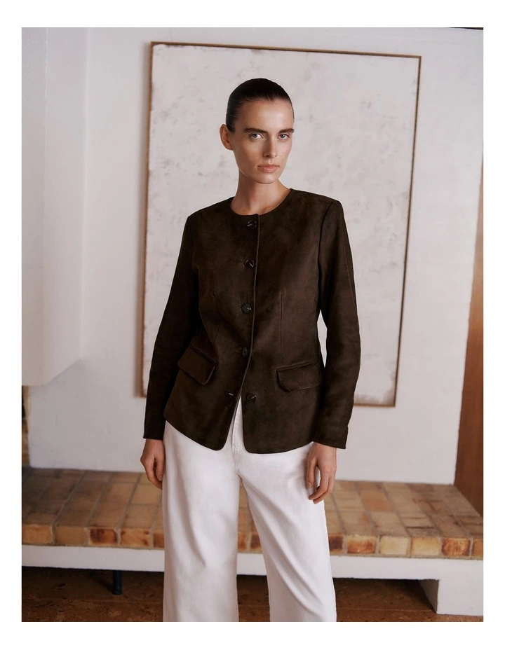 Suede Collarless Jacket in Coffee Bean image 2
