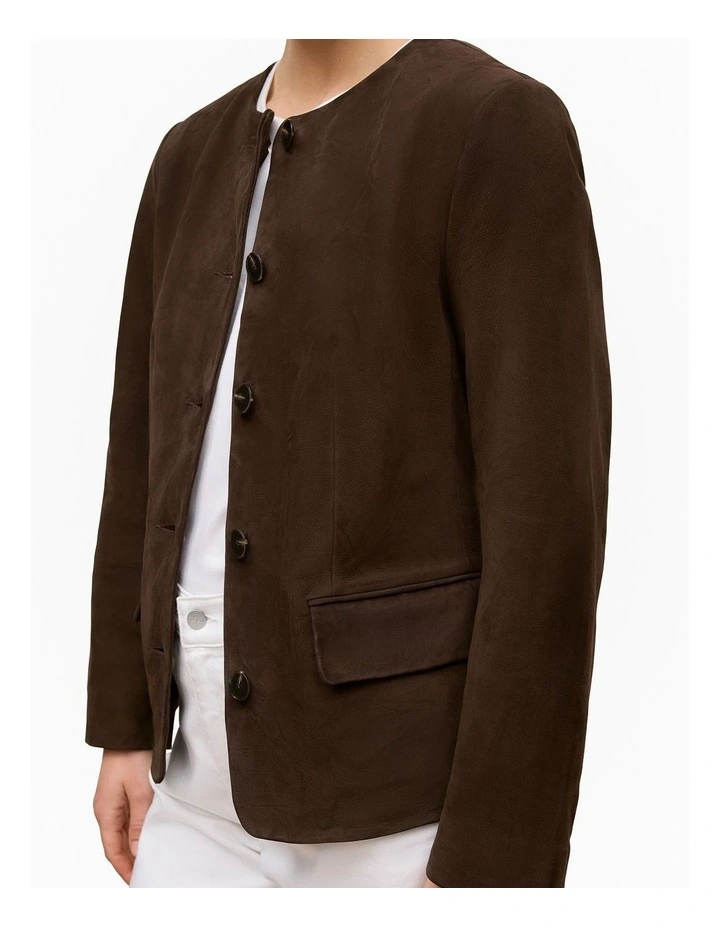 Suede Collarless Jacket in Coffee Bean image 4