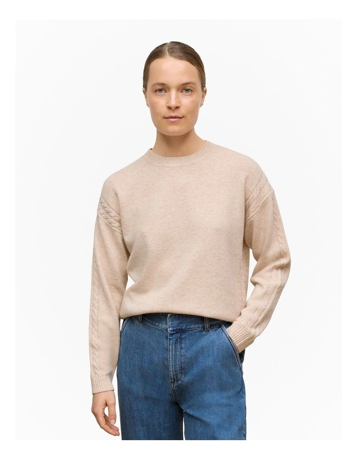 Wool Cashmere Cable Detail Crew in Oat Marle image 1