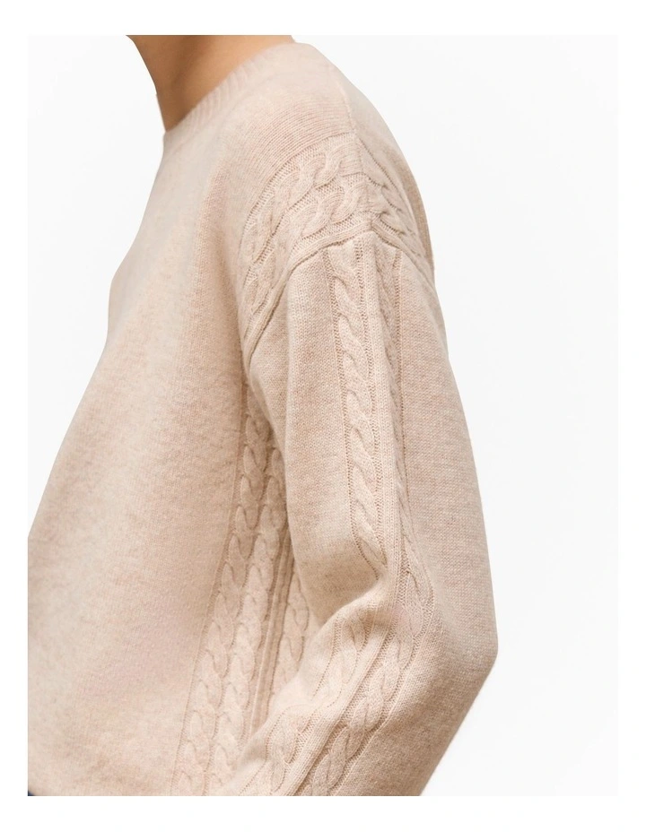 Wool Cashmere Cable Detail Crew in Oat Marle image 3