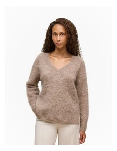 Brushed Alpaca Relaxed V Knit Top in Natural