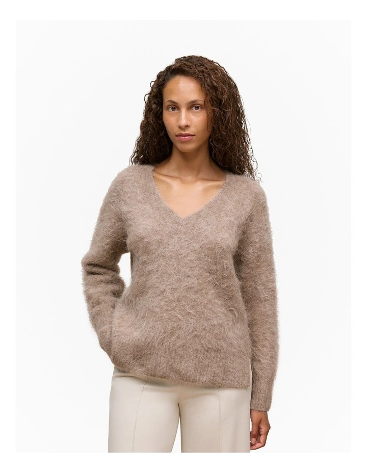Brushed Alpaca Relaxed V Knit Top in Natural image 1