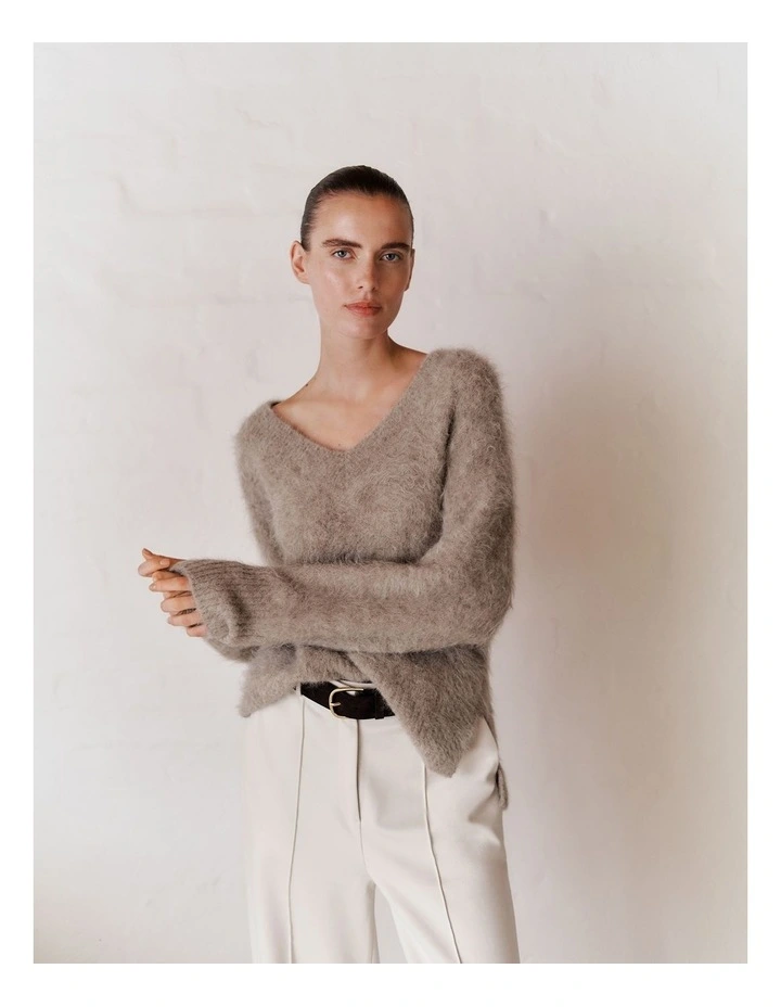 Brushed Alpaca Relaxed V Knit Top in Natural image 2