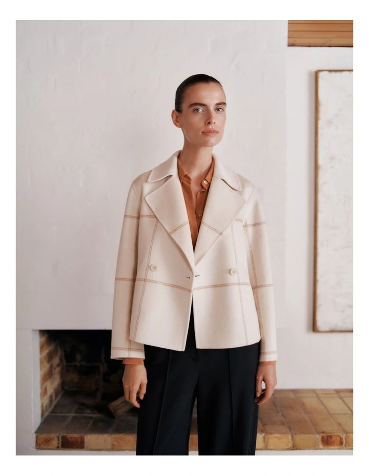 Double Faced Wool Check Peacoat in Stone image 2