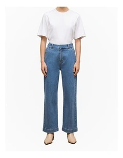 Australian Cotton Blend Denim Tailored Pant in Mid Blue